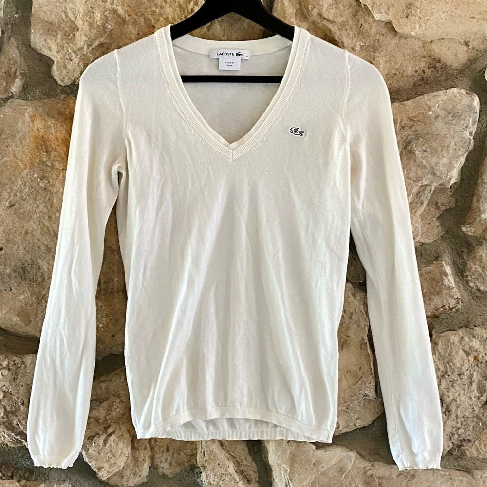 Lacoste: White Women's V-Neck Cotton Sweater